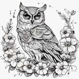 Owl with flowers  ,tattoo design, white background