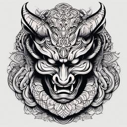 oni mask and snake tattoo  simple color tattoo,white background,minimal