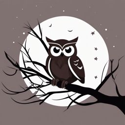 Owl Clipart - Owl perched on a tree branch under the moonlight , minimal, 2d