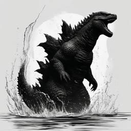 drawing of Godzilla in the water  minimal rough sketch scribbles,doodles,black and white