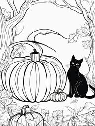 Pumpkin with Witch Cat Coloring Pages - Black Cat and Pumpkin for Halloween  minimal black outline printable sheet, coloring page