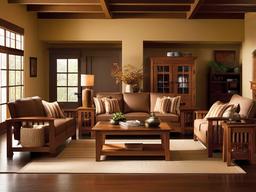 Mission living room highlights solid wood furniture, simple designs, and warm, earthy colors that create a timeless, inviting atmosphere.  