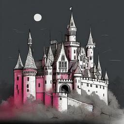 drawing of castle with colour  minimal rough scribbles,doodles,black and white