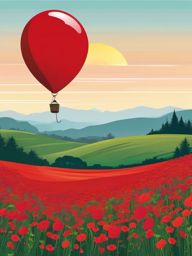 Red Balloon Floating Above Wildflower Field Clipart - Red balloon gently floating above a picturesque wildflower field.  color clipart, minimalist, vector art, 