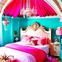 underwater palace bedroom with coral-inspired bedding and seashell chandelier. 