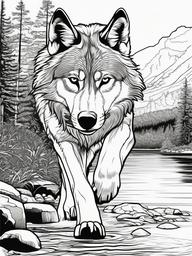 Wolf Coloring Pages - Wolf running beside a river  simple coloring pages