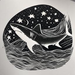 drawing of Starry night shark  minimal rough sketch scribbles,doodles,black and white