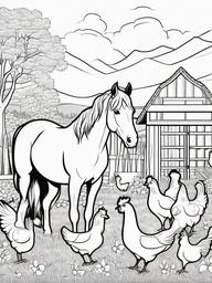 Horse and Chickens Coloring Pages - Playful Scene on a Farm  minimal black outline printable sheet, coloring page