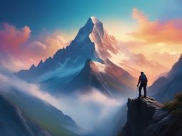 Towering mountain range, shrouded in mist and legends, beckons daring climbers to reach its lofty peaks and touch the heavens. hyperrealistic, intricately detailed, color depth,splash art, concept art, mid shot, sharp focus, dramatic, 2/3 face angle, side light, colorful background