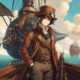 Adventurous steampunk explorer, in a mechanical world, embarking on an airship expedition to uncharted territories.  front facing ,centered portrait shot, cute anime color style, pfp, full face visible