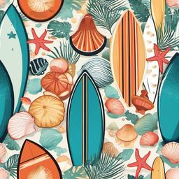 Surfboard clipart - surfboard and sea shells  vector clipart