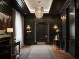 The hallway showcases Regency interior design through elegant moldings, rich colors, and decorative art that creates a sophisticated and inviting passage.  