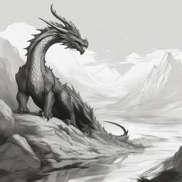 drawing of a full-body dragon in a fantasy landscape  minimal rough sketch scribbles,doodles,black and white