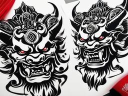 Oni Tattoo Traditional - Traditional Japanese tattoo featuring the powerful and fearsome Oni.  simple color tattoo,white background,minimal