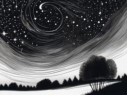 drawing of a starry night sky  minimal rough sketch scribbles,doodles,black and white