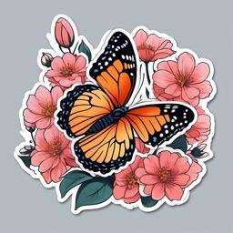 Butterfly and Blossoms Sticker - Butterfly near blooming flowers, ,vector color sticker art,minimal