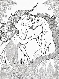 Unicorn and Mermaid Coloring Pages - Fantasy Creatures Together in Harmony  minimal black outline printable sheet, coloring page