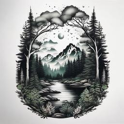 forest tattoo design  simple color tattoo,white background