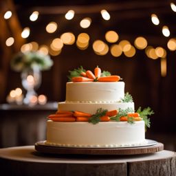 wedding carrot cake in a charming barn: see a moist carrot wedding cake with cream cheese frosting positioned in a quaint barn with exposed beams and cozy lighting. 