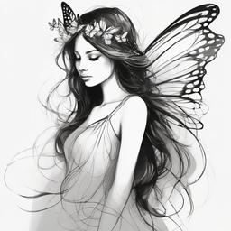 drawing of a fairy with butterfly wings  minimal rough sketch scribbles,doodles,black and white