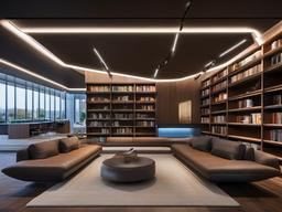 In the library room, High Tech interior design incorporates smart bookshelves, sleek furniture, and advanced lighting that create an innovative space for reading and relaxation.  