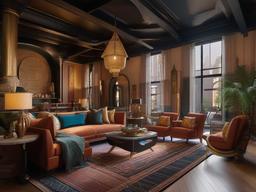 In the loft, Egyptian Revival interior design incorporates rich colors, ornate furnishings, and decorative accents that create a lively and inviting open-concept living space.  