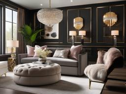 Luxury Glam living room offers stylish furnishings, plush fabrics, and decorative accents that provide an upscale yet comfortable environment.  