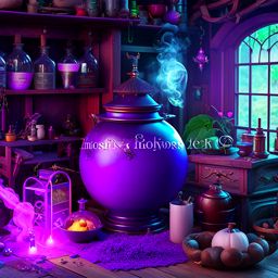 witch's potion room with bubbling cauldron and magical ingredients. 