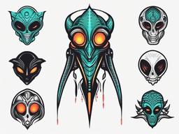 Scary Alien Tattoo - Channel horror vibes with a scary and mysterious alien-themed tattoo.  simple color tattoo,vector style,white background