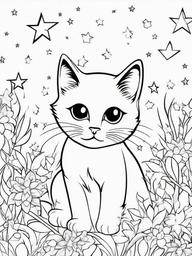 Kitty and Stars Coloring Pages - Kitten Surrounded by Shining Stars  minimal black outline printable sheet, coloring page