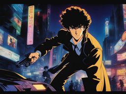 spike spiegel engages in a high-speed gunfight on the neon-lit streets of a futuristic city. 