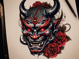 Hannya Oni Mask Tattoo Design-Intricate and artistic tattoo design featuring a Hannya combined with an Oni mask, showcasing detailed and supernatural aesthetics.  simple color vector tattoo