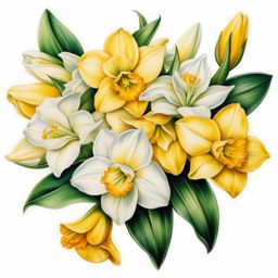 Jonquil flower tattoo, Tattoos inspired by the vibrant and fragrant jonquil flower.  vivid colors, white background, tattoo design