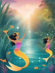 swimming clipart - a synchronized swimming routine performed by graceful mermaids in an enchanted lagoon 