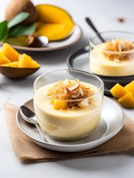 individual serving of silky mango coconut panna cotta, topped with toasted coconut. 