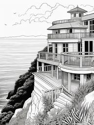 House Coloring Pages - Clifftop house overlooking the ocean with a balcony  simple coloring pages