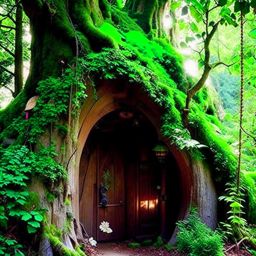 fairy tale forest office hidden within the branches of a giant tree with enchanting decor. 