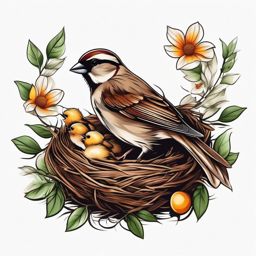 Sparrow Tattoo - Sparrow feeding its chicks in a cozy nest  color tattoo design, clean white background