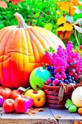 autumn harvest, a picturesque scene with pumpkins, apples, and colorful fall produce at a farm. 