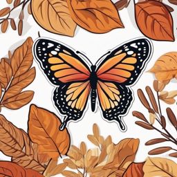 Butterfly and Leaves Sticker - Butterfly resting on autumn leaves, ,vector color sticker art,minimal