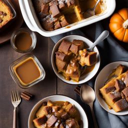 pumpkin bread pudding with a drizzle of bourbon sauce. 