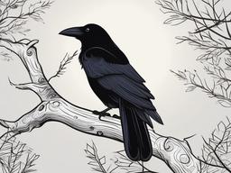 Raven Cartoon - Cartoon of raven perched on a branch  