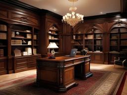 The home office exemplifies Italian Renaissance interior design, featuring a grand desk, ornate bookshelves, and classical decor that create a refined and inspiring workspace.  