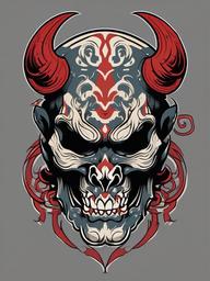 Oni Skull Tattoo-Bold and edgy tattoo featuring an Oni skull, capturing themes of strength and traditional Japanese aesthetics.  simple color vector tattoo