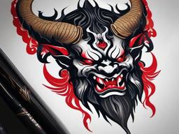 Demon Oni Tattoo - Incorporates the fearsome Oni, symbolizing malevolence and power, into the tattoo design.  simple color tattoo,white background,minimal