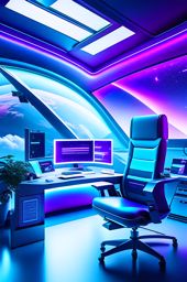 space station office with futuristic holographic displays and zero-gravity chair. 