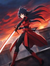 ryuko matoi dons her kamui senketsu for a dramatic battle on a rooftop against a foe. 