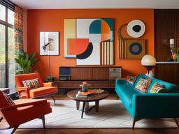 Mid-century modern living room with retro furniture and bold colors.  