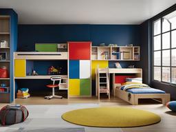 Bauhaus kids' room highlights functional bunk beds, modular storage solutions, and bold color accents, combining practicality with playful design elements.  