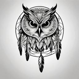 Owl and Dreamcatcher Tattoo - Tattoo combining a dream catcher with owl motifs.  simple vector tattoo,minimalist,white background